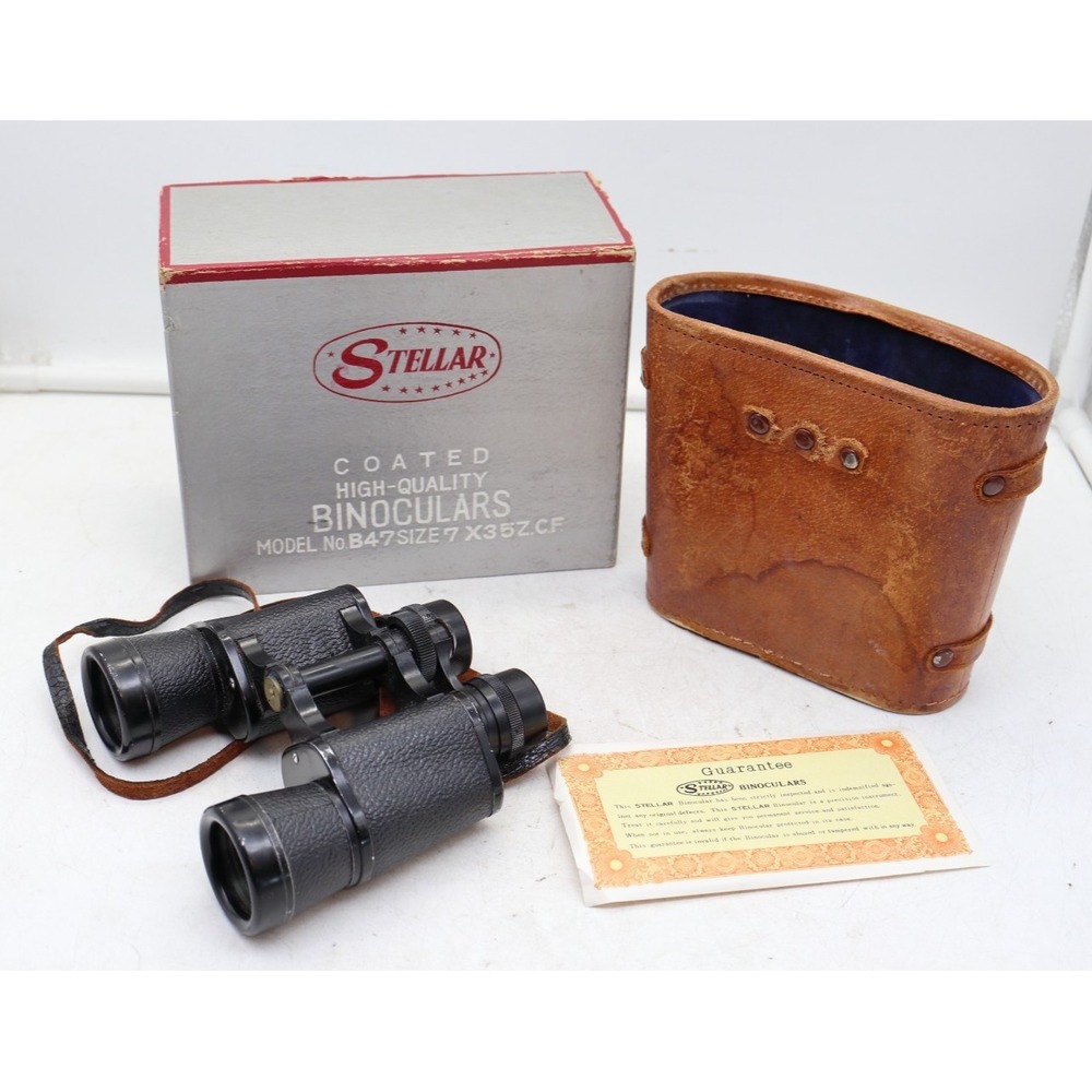 Vintage Stellar Model B47 7x35 Coated Binoculars With Leather Case Original Box